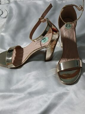 Patent Metallic Ankle-Strap Block Heels in Gold